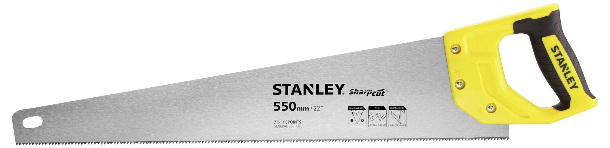 Handsaw with a yellow handle and grey saw blade, Stanley brand, 550 mm long, suitable for woodworking.