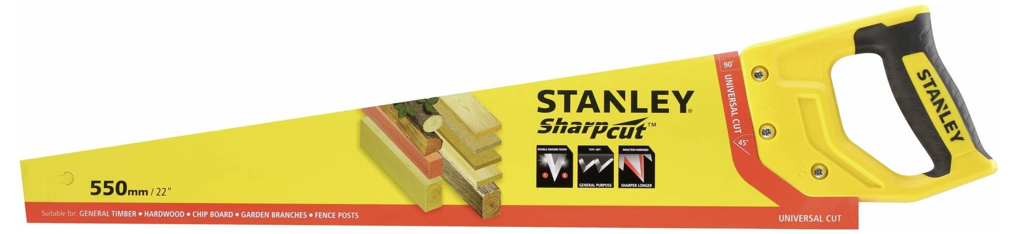 Stanley handsaw with yellow handle, 'SharpCut' model, length 550 mm. Suitable for woodworking, with universal cutting action.