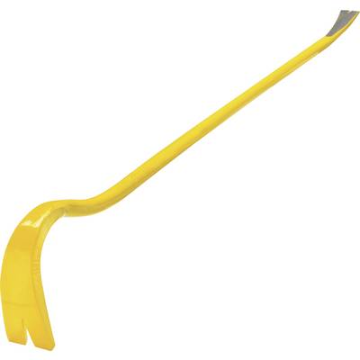 A yellow crowbar with a curved end and wedge tip, used for levering and prising open, lies isolated on a white background.