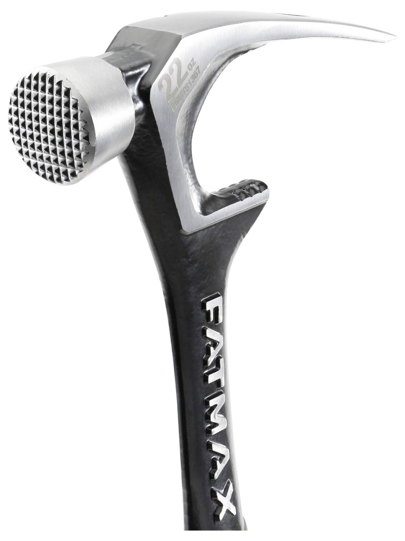 A silver-coloured hammer with a black handle. 'FATMAX' is engraved on the handle. The hammer has a serrated surface and a curved claw.