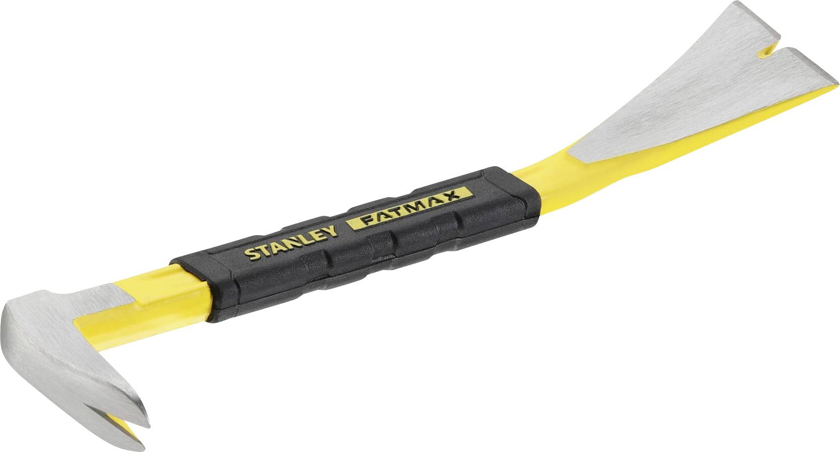 A yellow crowbar with a black handle, brand name 'Stanley Fatmax', with flattened ends for levering or removing nails.