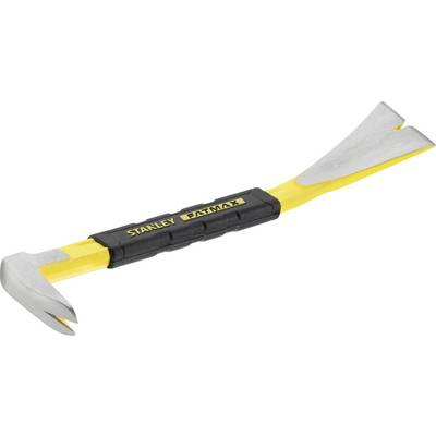 A yellow crowbar with a black handle, brand name 'Stanley Fatmax', with flattened ends for levering or removing nails.