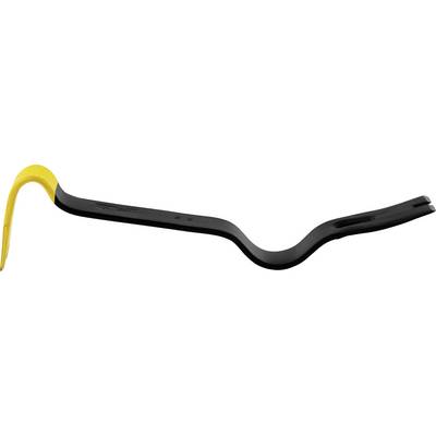 A crowbar with yellow and black colouring, showing a curved shape that is typical for levering objects.