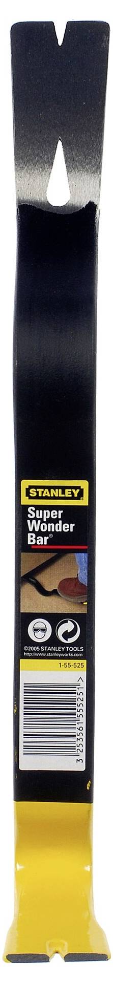 A yellow and black Stanley crowbar with label.