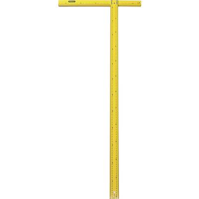 A yellow metal T-square that serves as a ruler and angle measurer, with centimetre markings along the edges and a scale in the centre.
