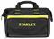 A black tool bag with a yellow stripe and the 'STANLEY' logo on the front. It has two handles and a zip.