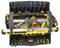 An open tool bag with various tools, including screwdrivers, a spirit level, pliers, and spanners.