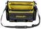 A black tool bag with yellow internal lining and 'STANLEY' printed on the front. Adjustable shoulder strap and multiple compartments.