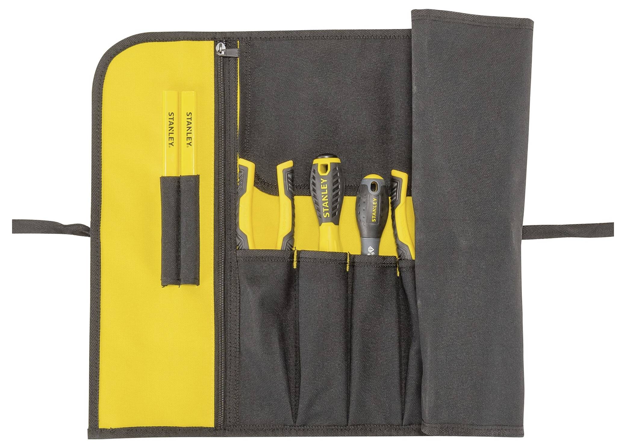 An open tool set case with a yellow inner lining. Contains three screwdrivers and two yellow tool holders. Perfect for DIY enthusiasts.