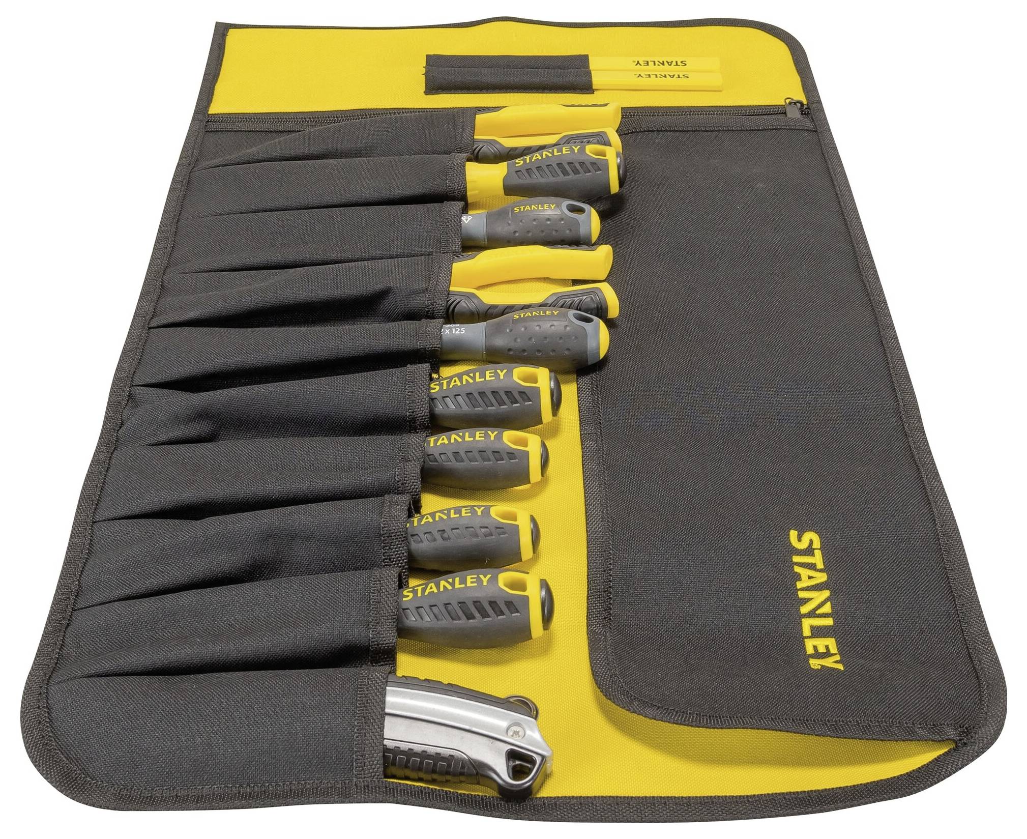 'Set of nine Stanley cutter and universal knives in a black and yellow fabric case with logo and yellow handles.'