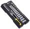 A socket wrench set in a black plastic case, containing various socket sizes, a ratchet and a yellow screwdriver handle.