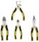 Four different pliers: side cutters, long-nose pliers, combination pliers and slip-joint pliers, all with black and yellow handles.