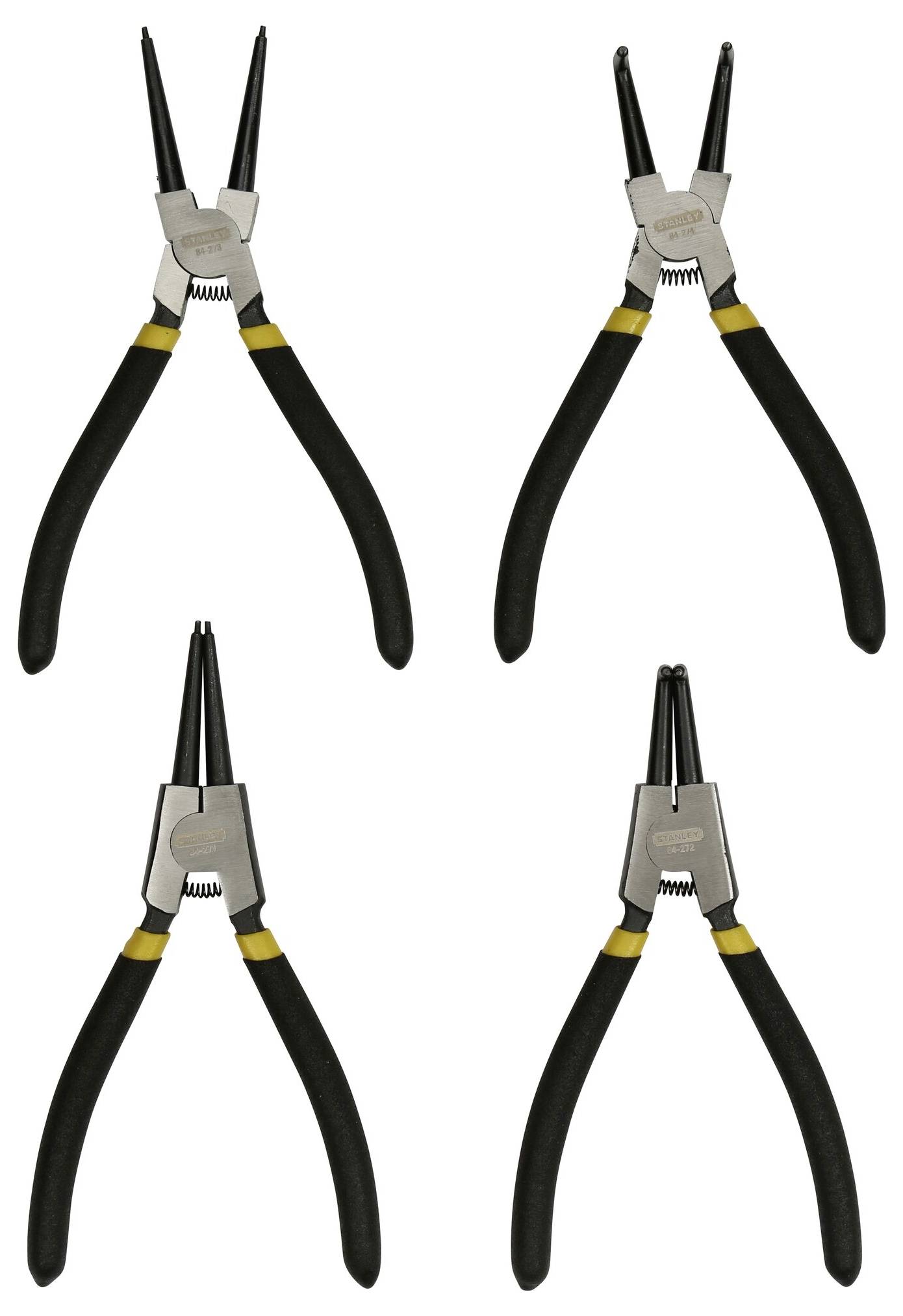 Four pliers with black handles, each with two differently shaped heads. Suitable for gripping and holding.