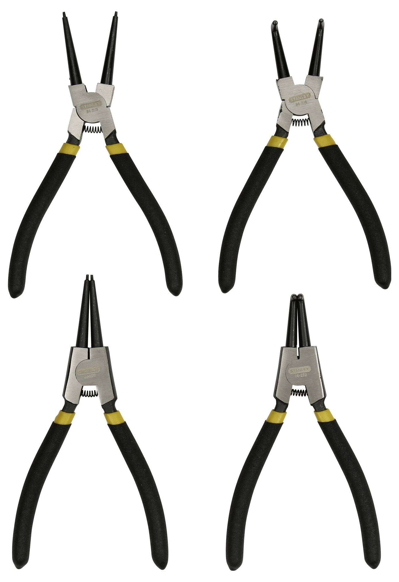 A selection of four pliers with black handles and metal tips, each shaped differently for specific tasks.
