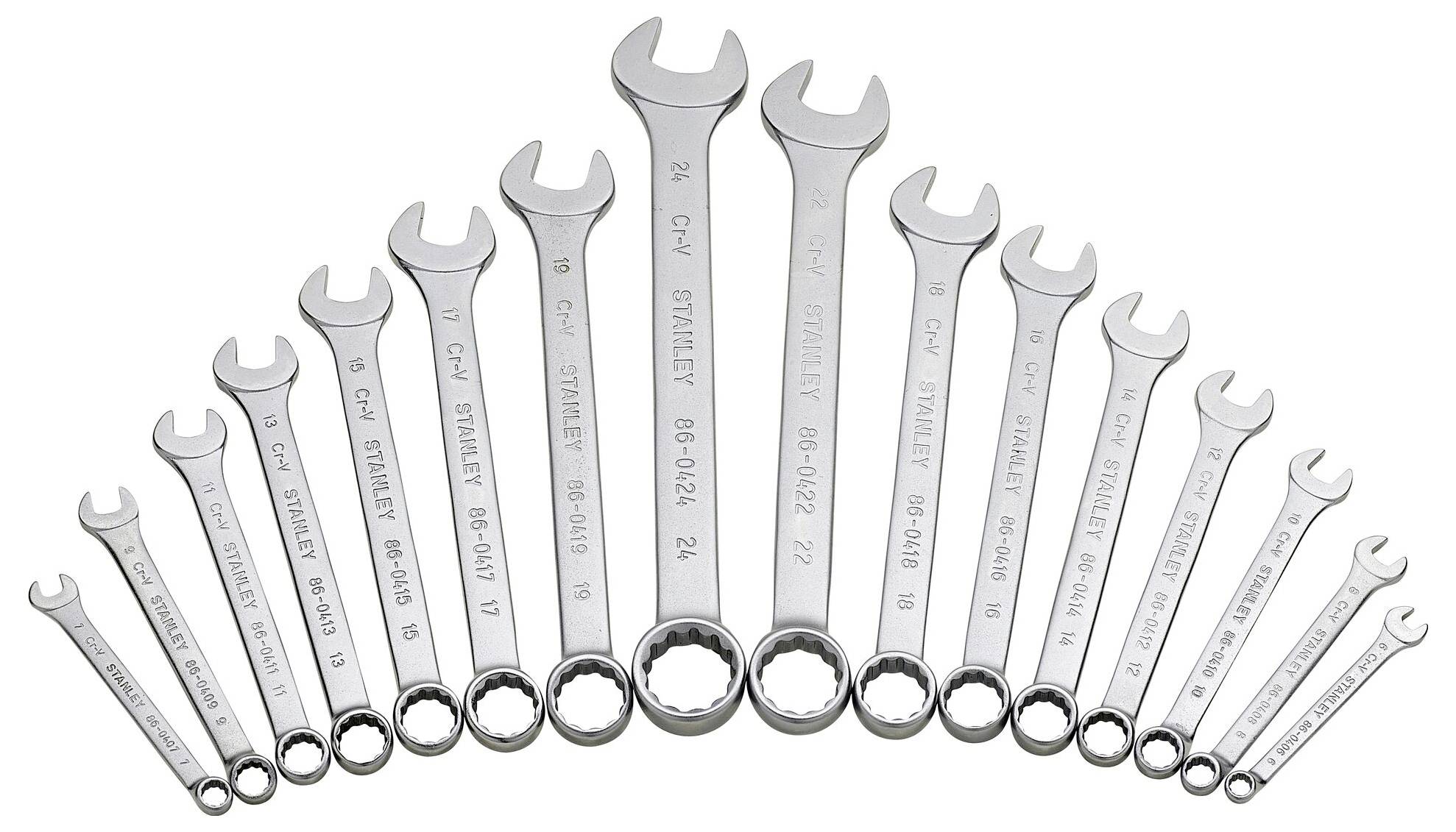 A selection of 14 spanners in various sizes, arranged from small to large, demonstrates the range of tools.