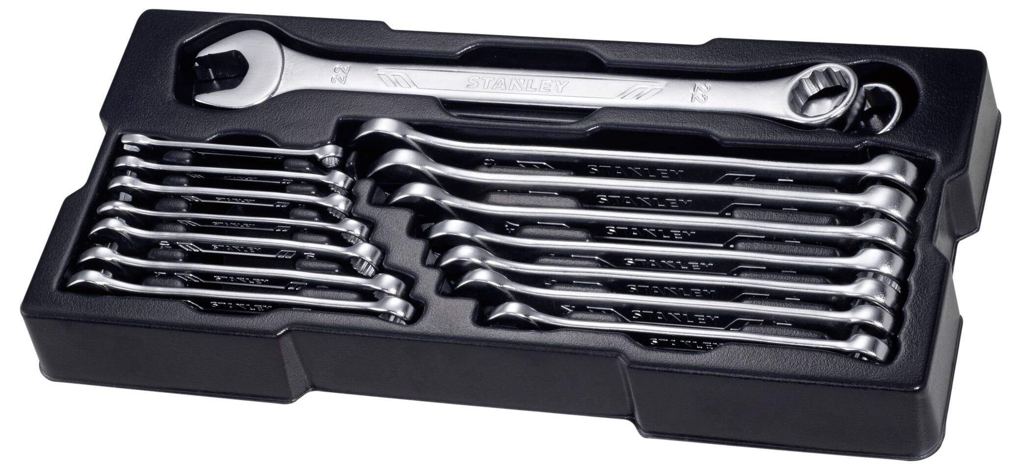 A set of gleaming spanners in various sizes lies neatly in a black plastic holder.