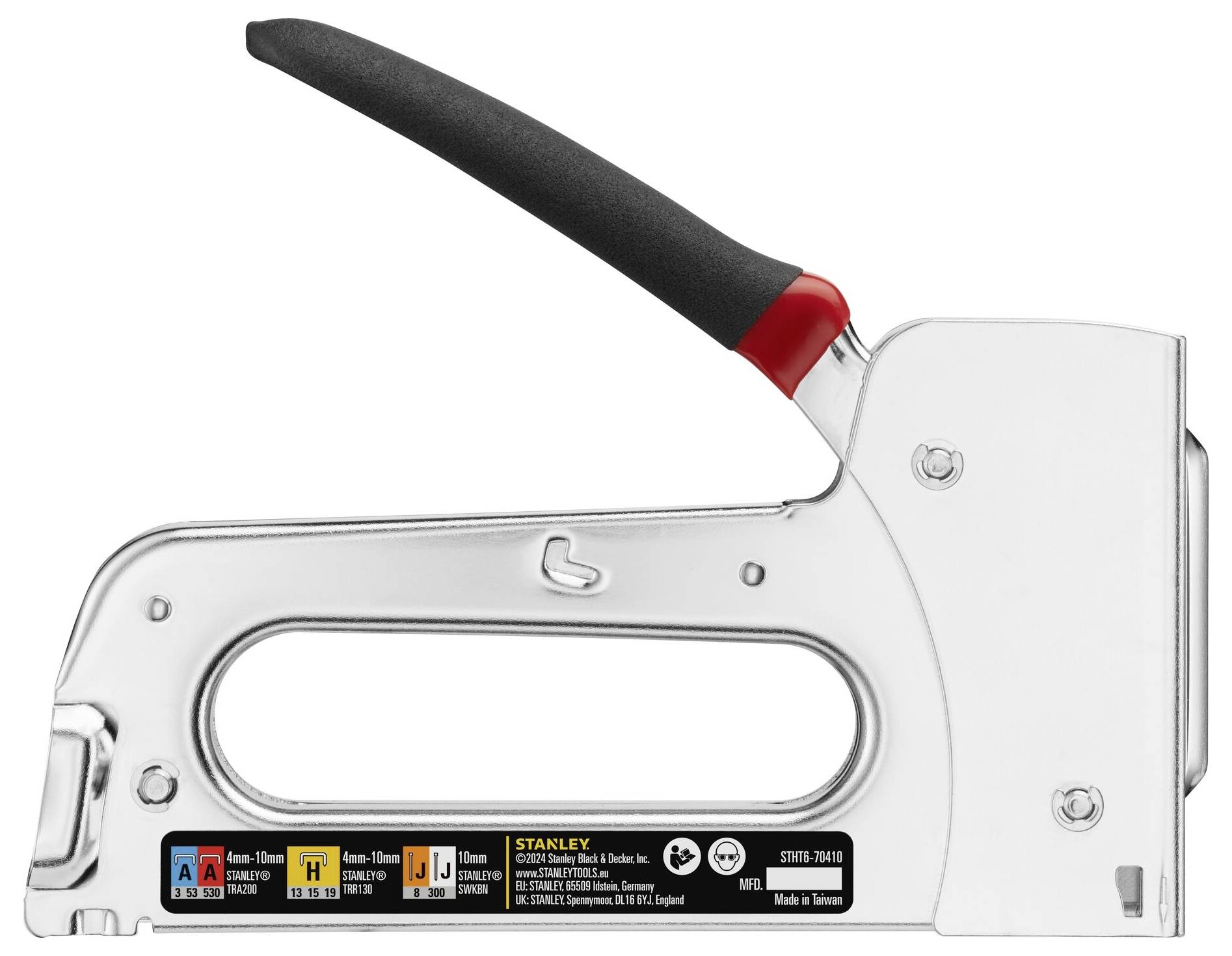 'Metal stapler with black handle and red detail. Suitable for staples from 6-14 mm. Product description on the underside.'