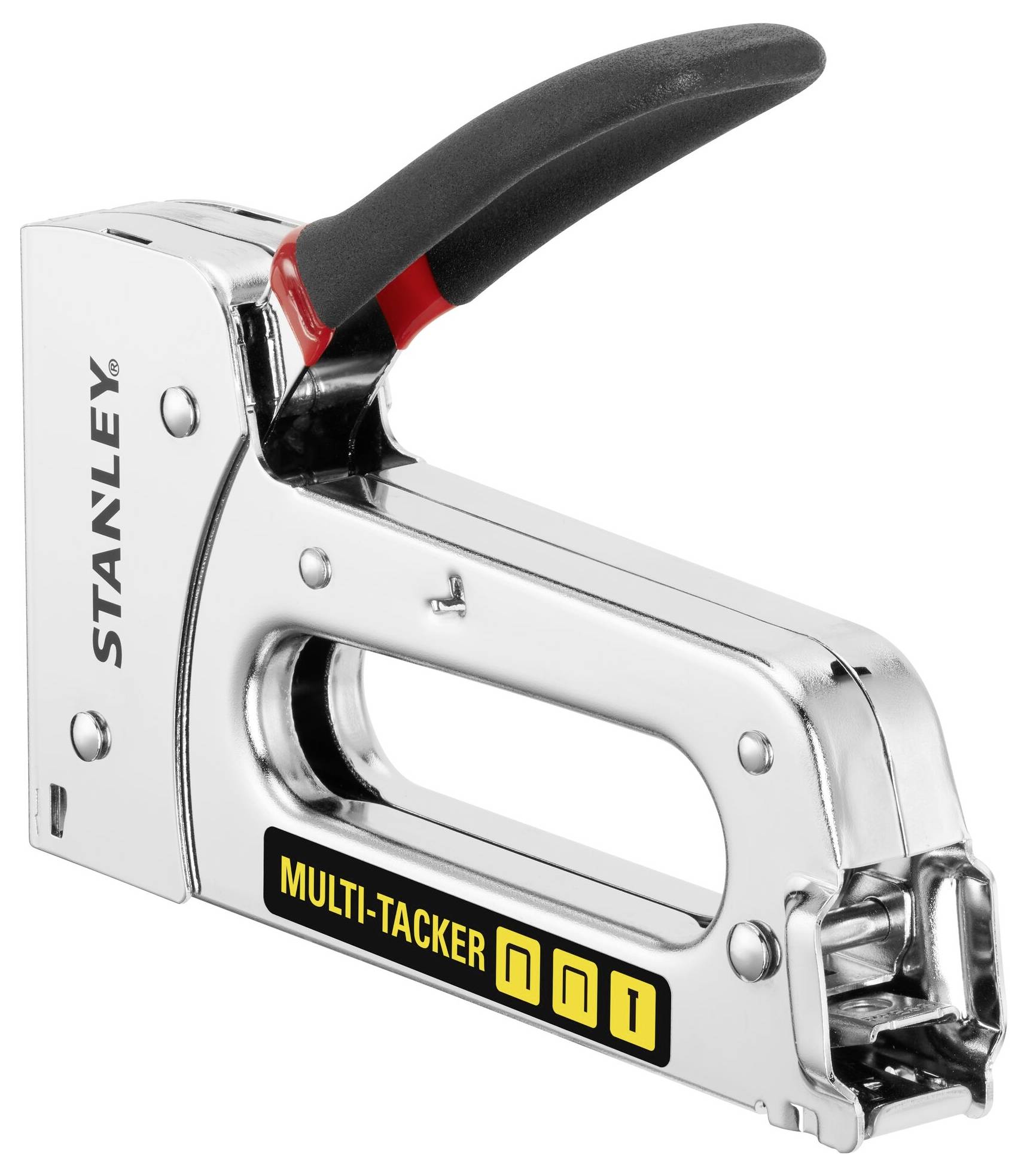 A metal staple gun by Stanley with a black handle and yellow 'MULTI-TACKER' label, suitable for versatile stapling tasks.