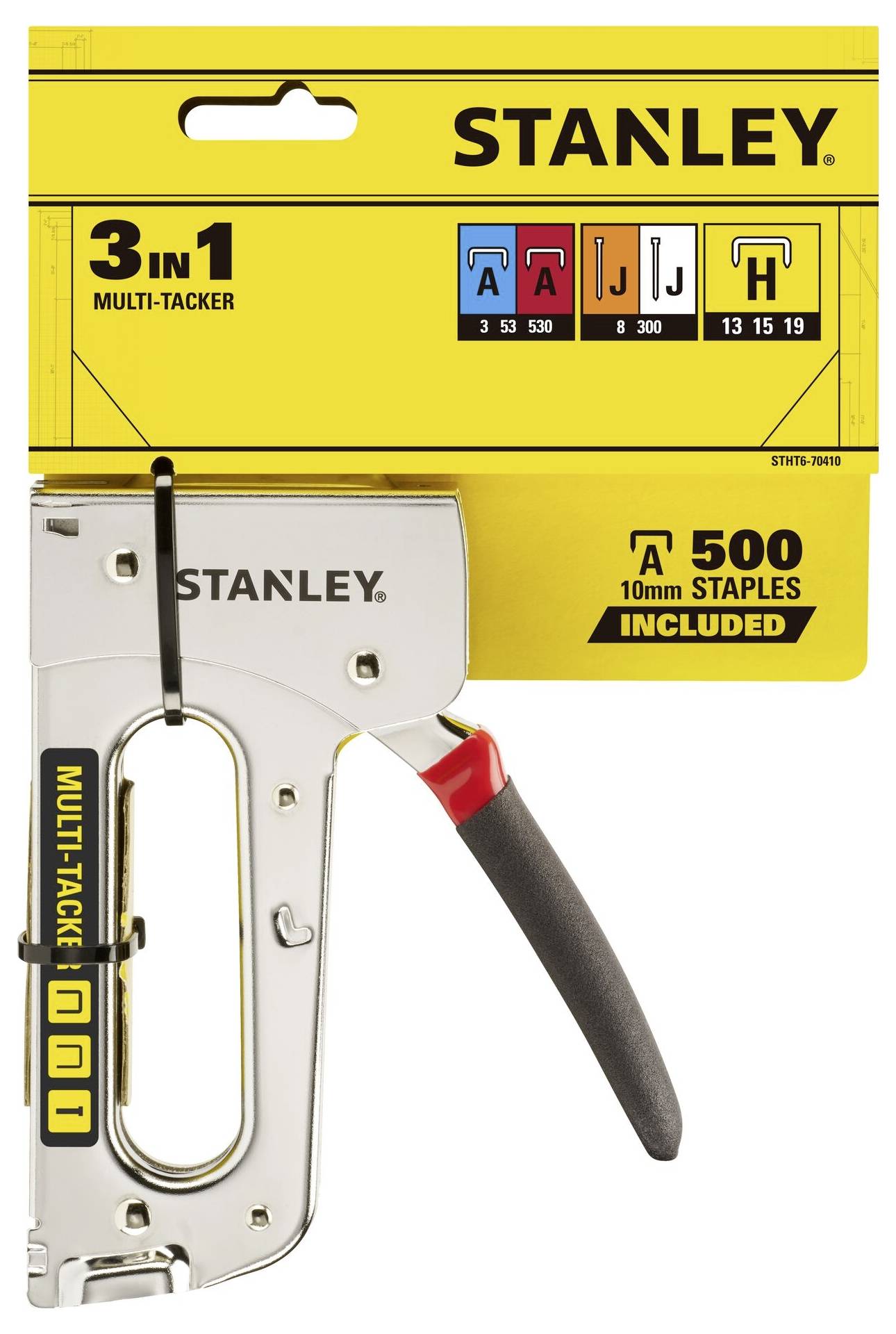 'Stanley 3-in-1 Multi-Tacker' with 500 10mm staples. Shows staple types and colours: A, I, H. Packaging design.
