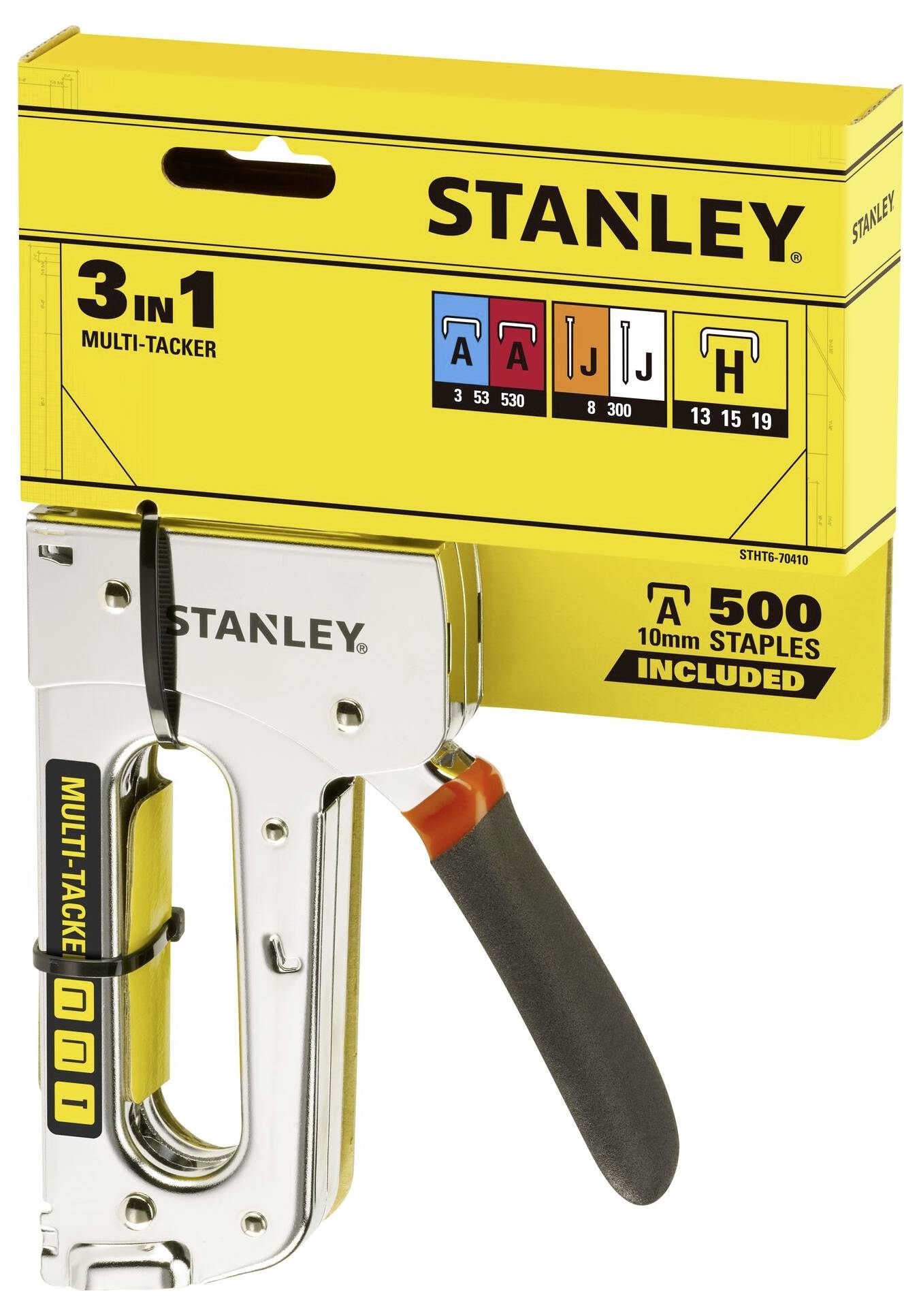 A Stanley '3-in-1 Multi-Tacker', silver in colour with a black handle, in front of a yellow packaging; includes 500 staples.
