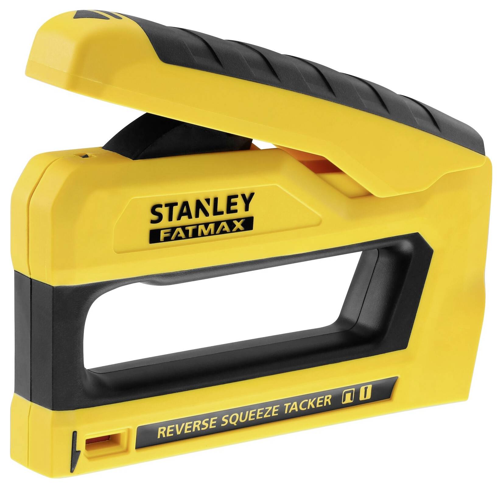 Yellow staple gun with black handle and 'Stanley Fatmax' printed on it.