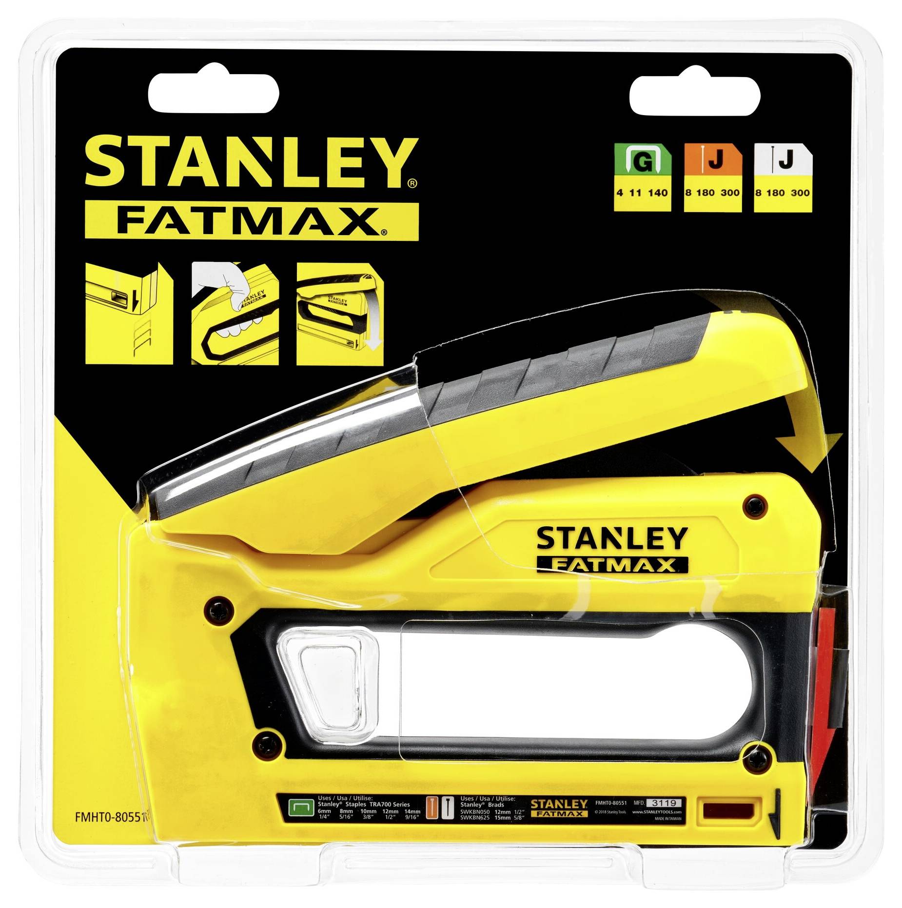 Stanley Fatmax Yellow Staple Gun in its packaging. Icons for different staple types displayed in the top right corner.