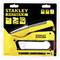 Stanley Fatmax Yellow Staple Gun in its packaging. Icons for different staple types displayed in the top right corner.