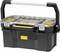 Black toolbox with a transparent lid and yellow handle in the centre. Lid reveals multiple compartments for storage.