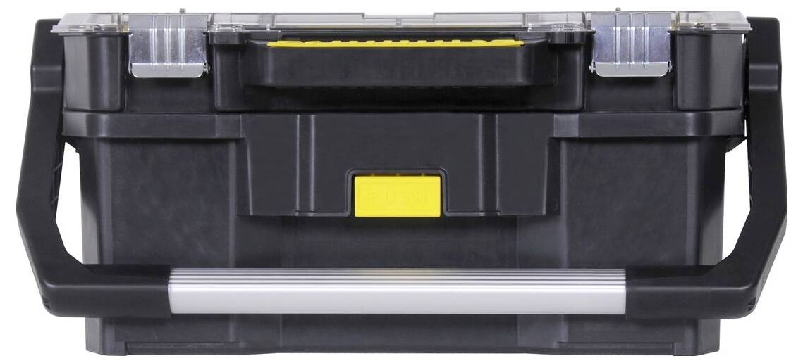 A black plastic tool box with metal latches and a yellow closure, suitable for storing tools.