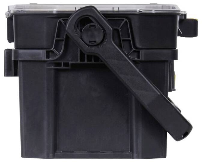 Black plastic container with removable lid and carrying handle, suitable for storing and transporting items.