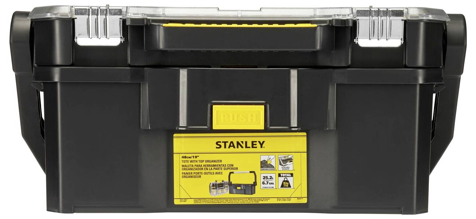 A black toolbox with a yellow fastener and handle. A sticker on the front displays the brand name and product information.