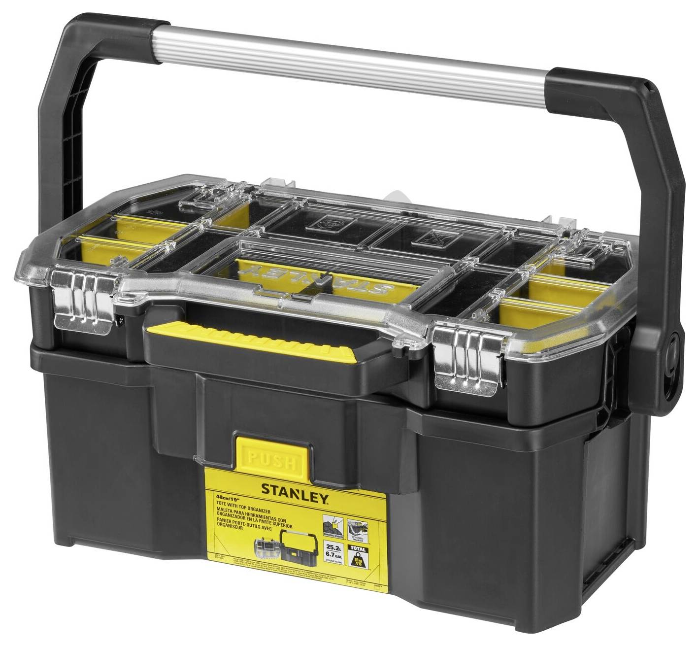 Black toolbox with a transparent lid and yellow compartments. Carrying handle on top. 'STANLEY' brand name on the front.