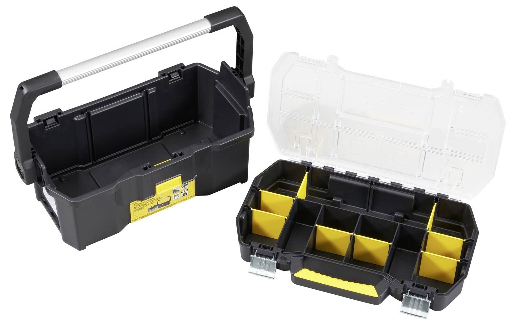 An open toolbox with a carrying handle and an empty main compartment; beside it, an opened insert with yellow dividers for small parts.