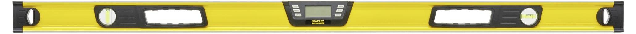 Yellow spirit level with two vials and a digital display in the centre for precise alignment of surfaces.