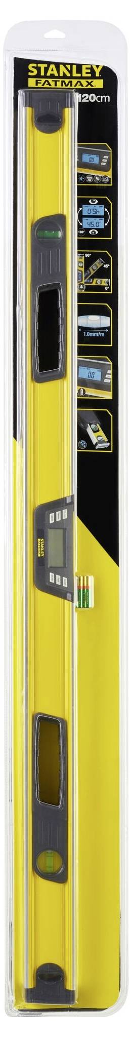 Spirit level with a yellow casing and digital display, packaged in a transparent plastic container with instructions on a black background.