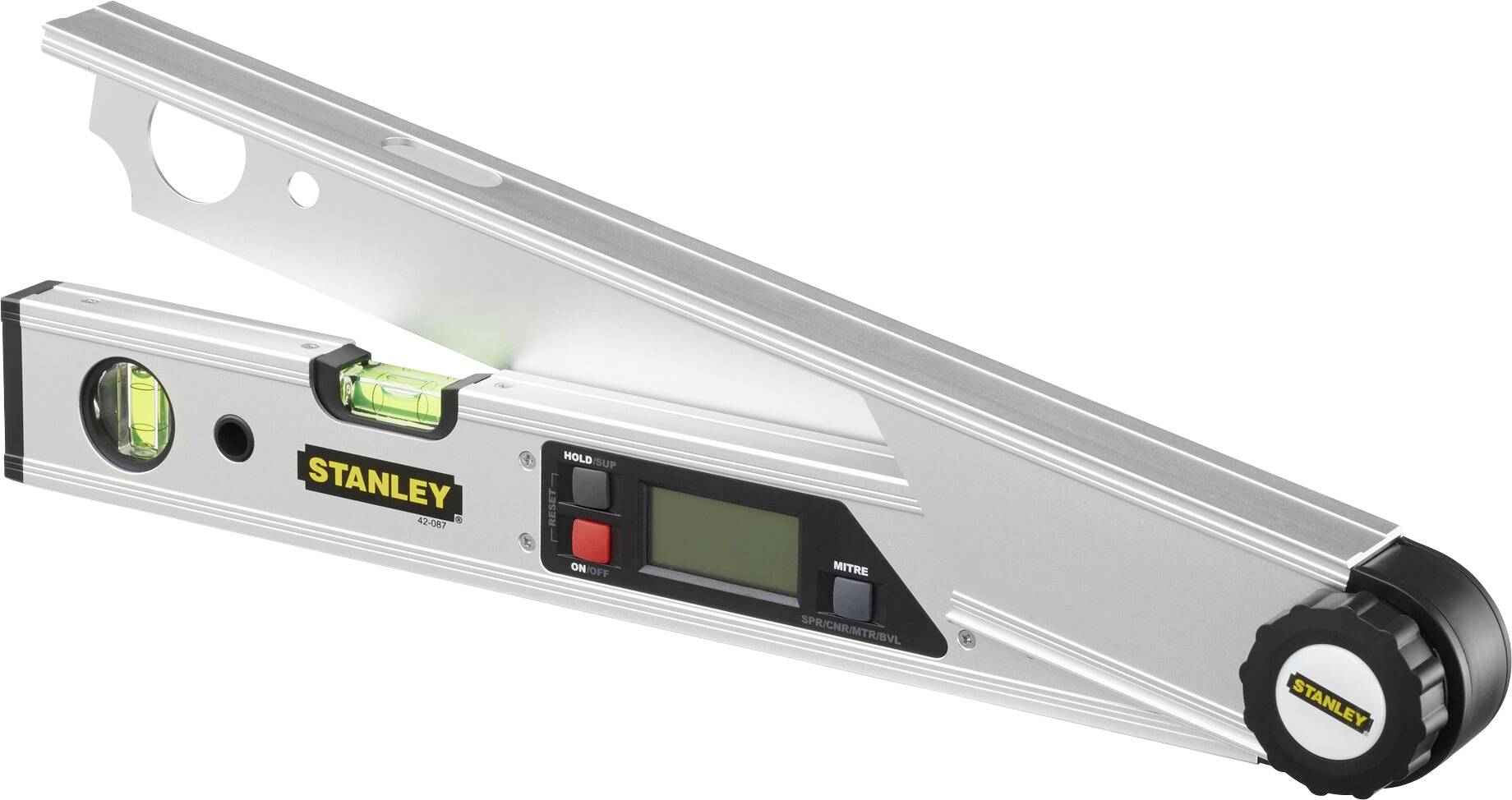 Digital spirit level with LCD display and bubble vials. Silver casing with LED indicators for precise measurement of angles and levels.