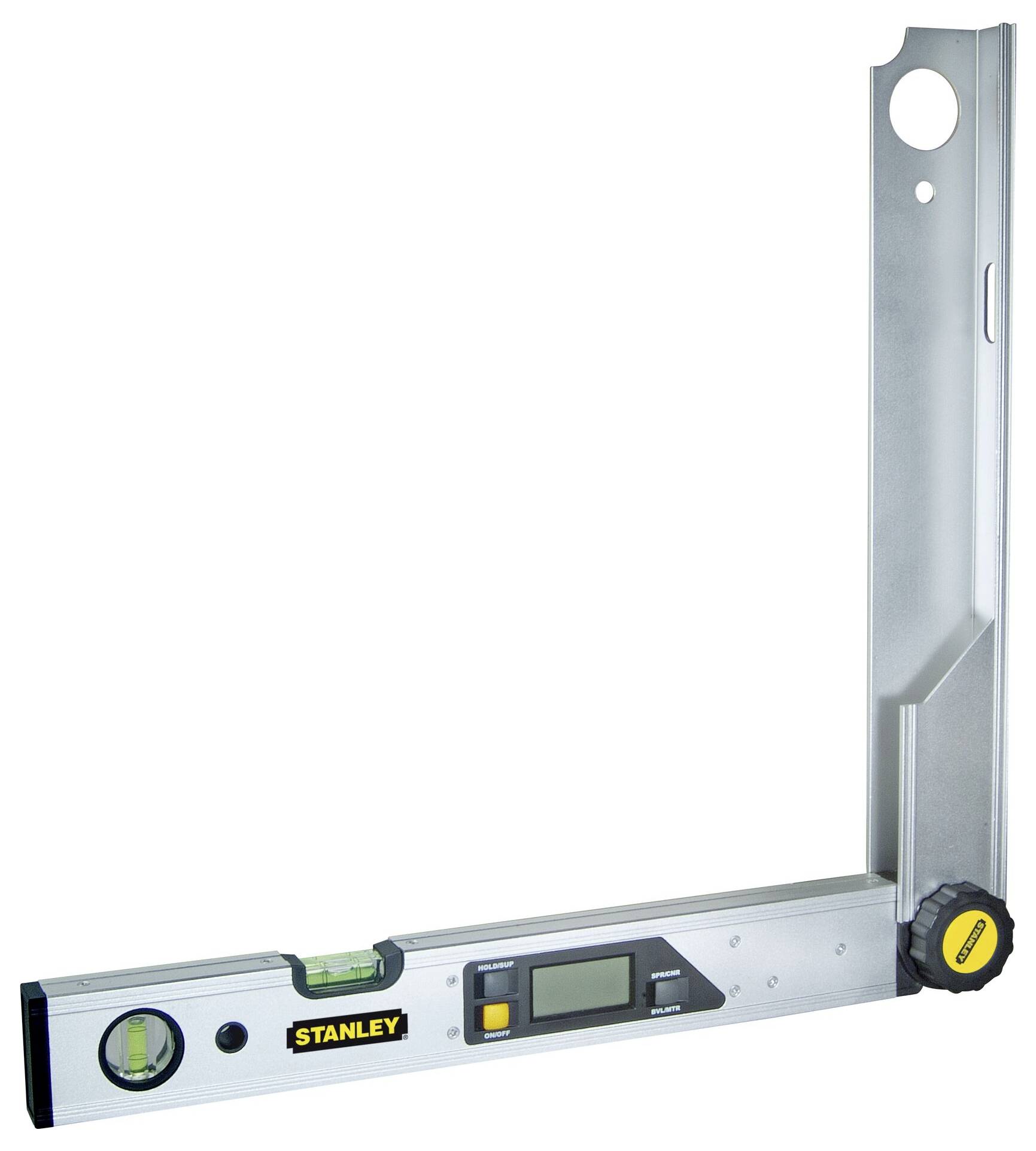 Digital angle finder with spirit level and digital display, made of metal, suitable for precise angle measurements in craftsmanship.