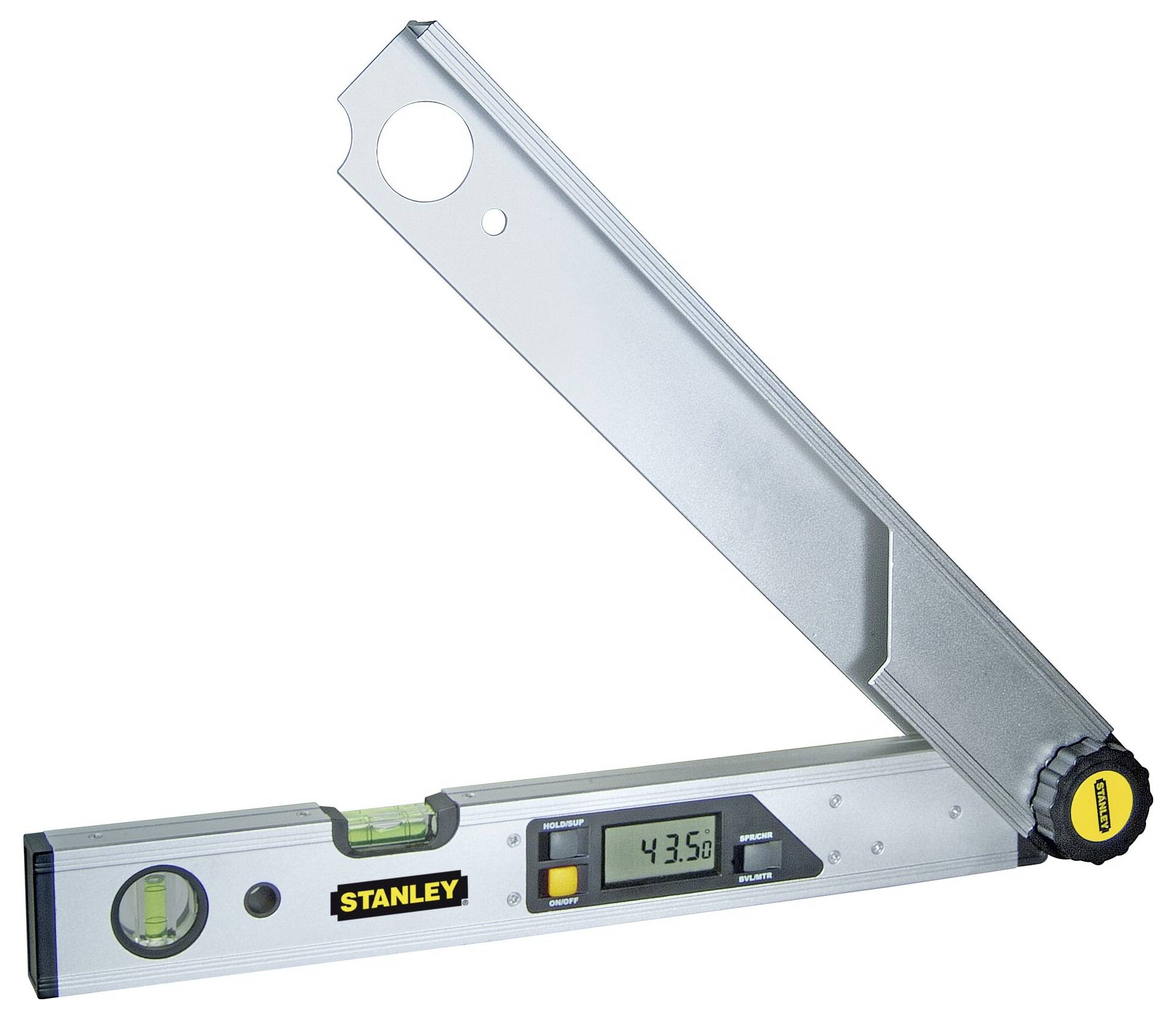 Digital angle finder with spirit level, designed in silver, yellow and black. Display shows '43.5°'.