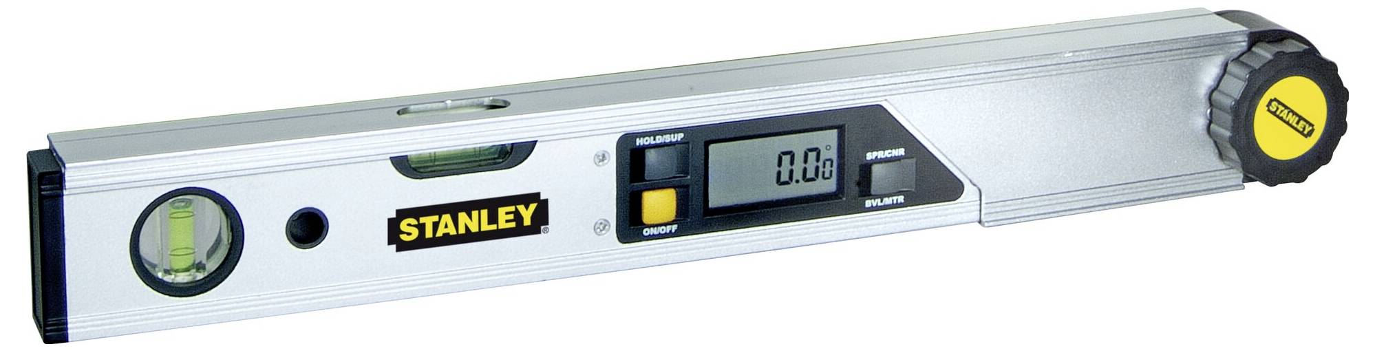Metal electronic spirit level with digital display and bubble vial. Stanley brand. Suitable for precise angle measurements.