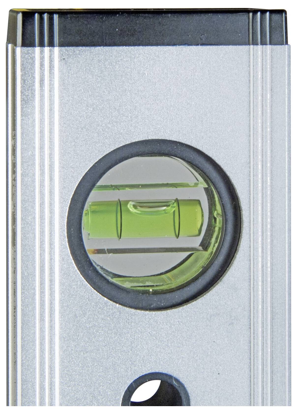 Spirit level with a central bubble vial, indicating that the measuring surface is level.