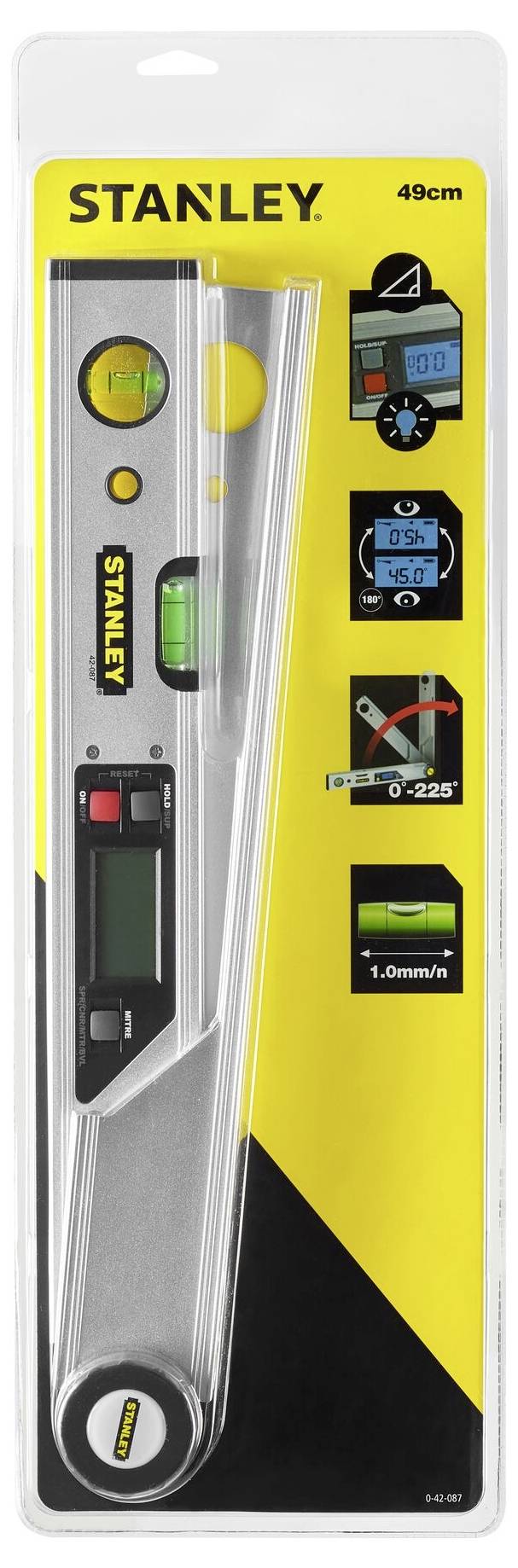 The image shows a magnetic digital spirit level 'Stanley' with a length of 49 cm, digital displays and multiple measurement functions on the packaging.