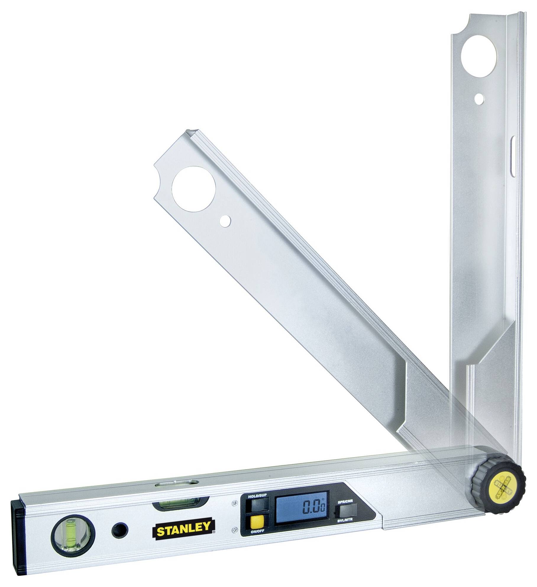 Digital angle gauge with electronic display and spirit level, suitable for measuring and checking angles and gradients.