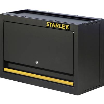 Black Stanley toolbox with a yellow handle, rectangular in shape, suitable for storing tools in a workshop.