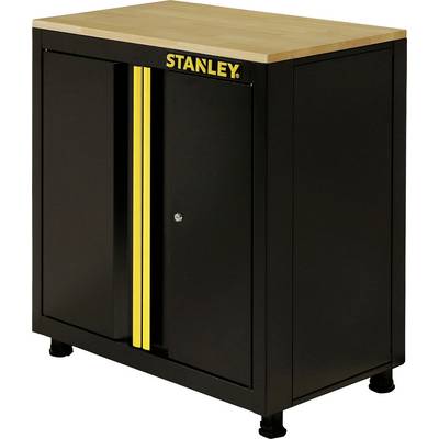 Black tool cabinet with wooden surface, featuring a yellow 'Stanley' logo and yellow stripe on the doors. Ideal for tool storage.