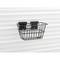 A black wire basket by Stanley, mounted on a white, ridged wall. Ideal for storing various items.