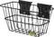 Black wire basket with two mounting plates on the back, yellow 'Stanley' label on the front; suitable for wall mounting.