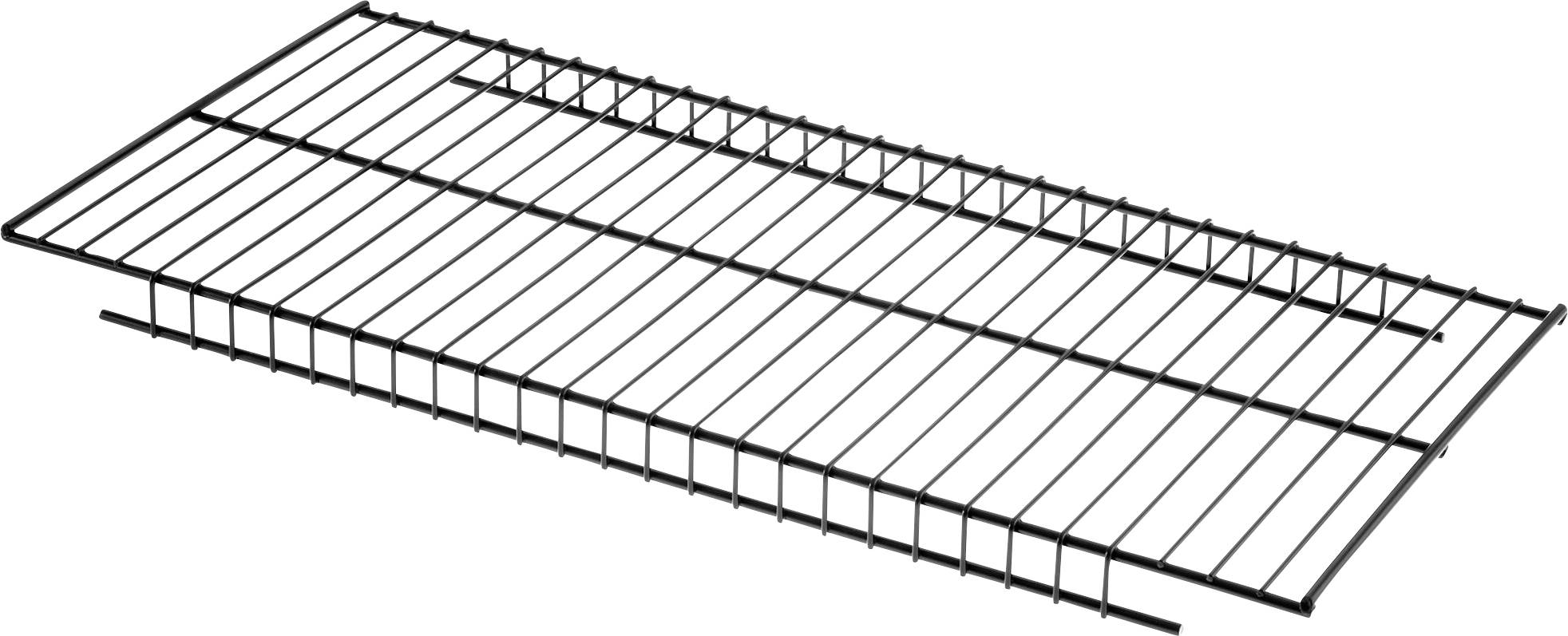 Black, rectangular metal grid, slightly raised, suitable for organisation and storage in shelving systems.