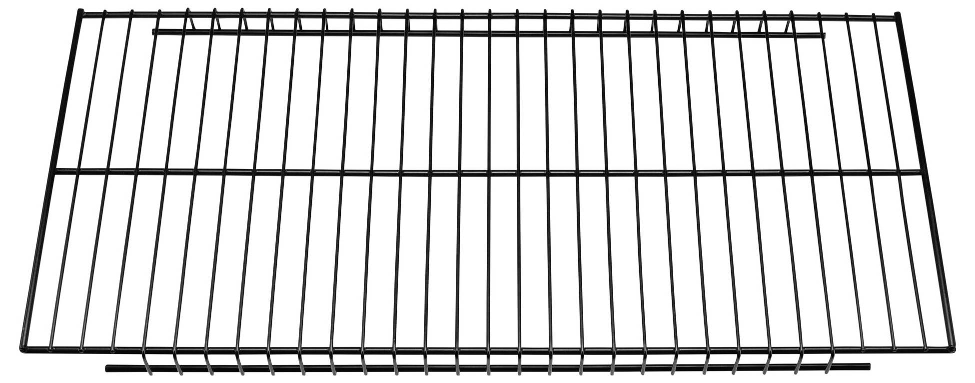 A rectangular metal grid, evenly distributed, is used as a cooling rack for hot baked goods.