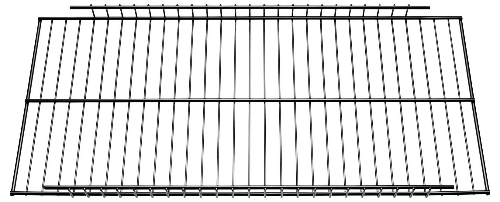 A rectangular metal shelving unit with parallel wire mesh bars for storage or warehousing purposes.