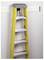 'A yellow aluminium stepladder leans against the wall, standing firmly on the floor, with a white background in front of it.'
